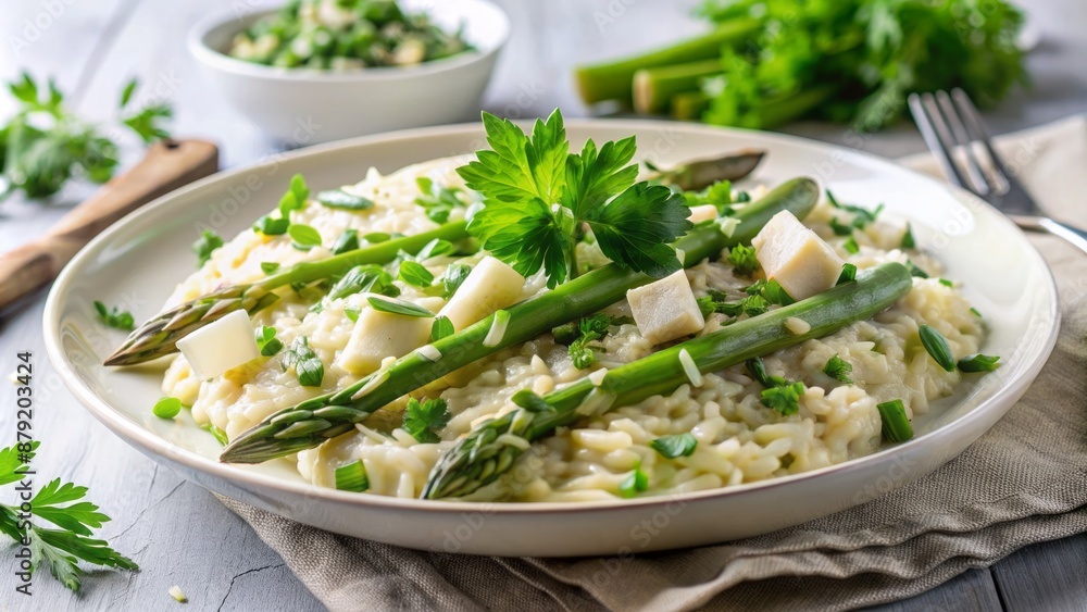 Delicious, creamy, green asparagus risotto with perfectly cooked tender spears and parmesan cheese, garnished with fresh parsley on white plate. Delicious, creamy, green asparagus risotto with perfectly cooked tender spears and parmesan cheese, garnished with fresh parsley on white plate.