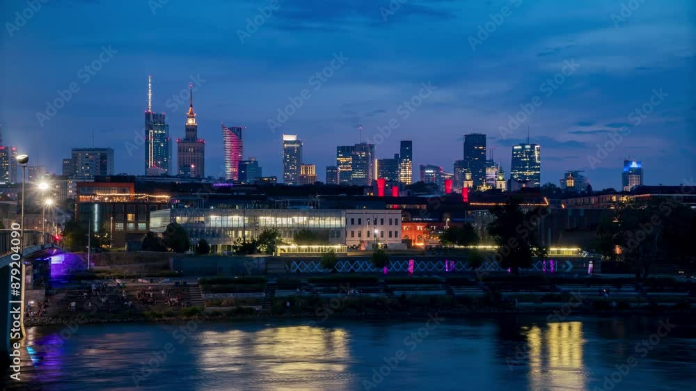 Timelapse of Warsaw Skyline over Vistula River in Spring Evening with Partly Cloudy Sky Timelapse of Warsaw Skyline over Vistula River in Spring Evening with Partly Cloudy Sky