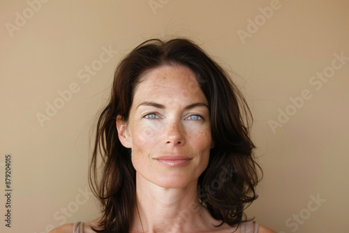 A portrait of an attractive woman in her late thirties with medium-length dark brown hair, wearing no makeup and a natural expression on her face. She has blue eyes and is standing against a beige bac