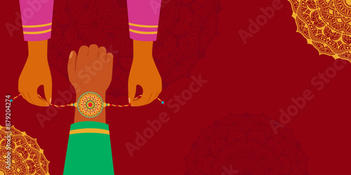 Indian holiday Raksha Bandhan horizontal banner with copy space.Sister giving rakhi bracelet to brother.Vector stock illustration.