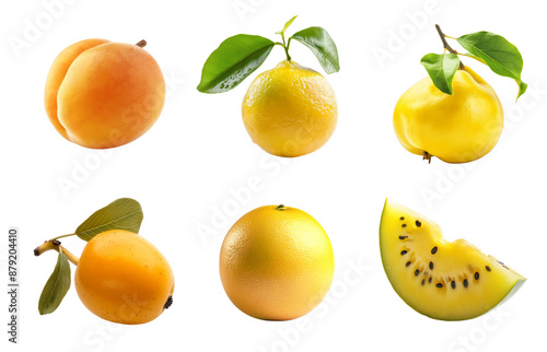 Yellow fruits collection isolated transparent background. Including apricots, citron, quince, loquat, grapefruit, and watermelon slice. Clipart for food packaging, recipe book and healthy eating promo