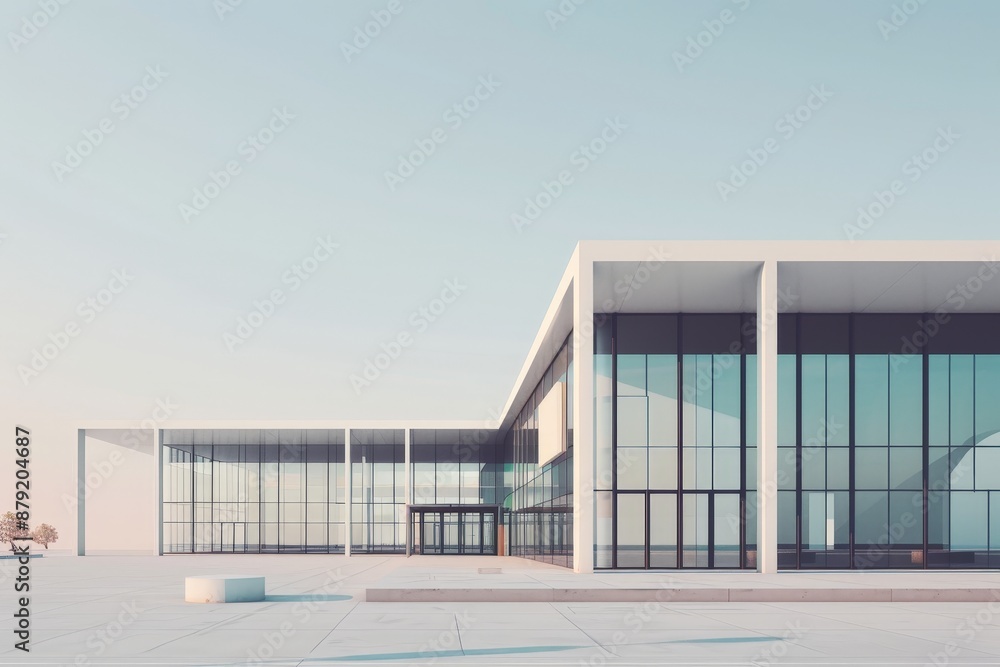 Fototapeta premium Modern Transport Hub Architecture in Minimalist 2D Flat Illustration With Sleek Lines and Open Spaces Against Serene Background