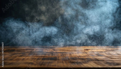 A wooden table in a dimly lit room emits smoke, creating an intriguing atmosphere