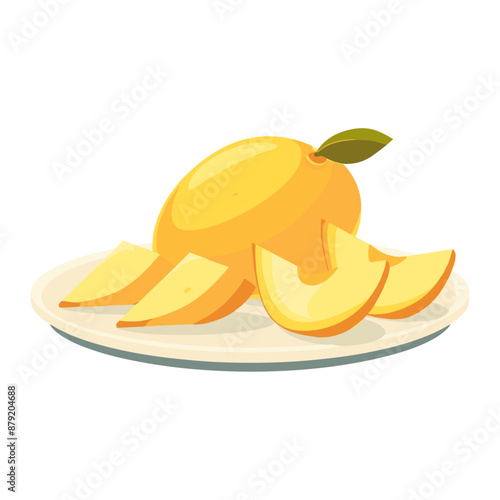Fresh ripe yellow mango with slices on a plate