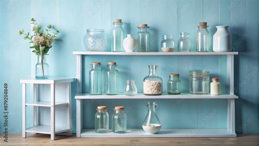 Serene minimalist still life featuring various jars and bottles arranged on white shelves against a soothing light blue background. Serene minimalist still life featuring various jars and bottles arranged on white shelves against a soothing light blue background.