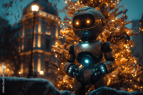 Cute robot standing near decorated christmas tree in snowy city