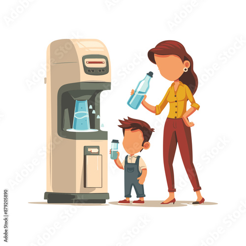 Cartoon illustration of a mother and son filling water bottles from a water cooler
