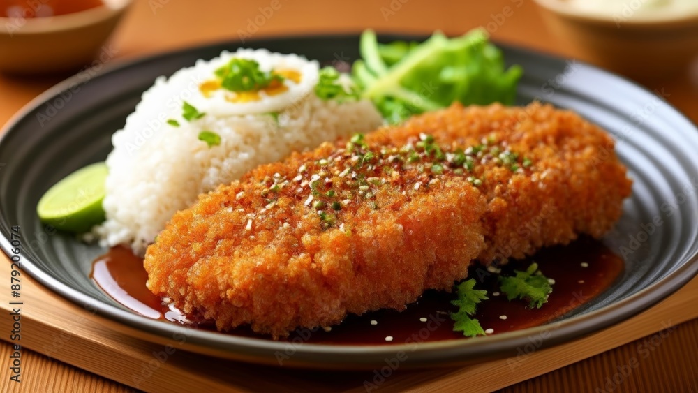  Deliciously seasoned fried fish fillet with rice and garnish