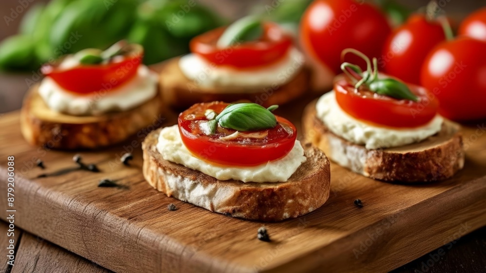 Freshly prepared bruschetta with cherry tomatoes and basil Freshly prepared bruschetta with cherry tomatoes and basil
