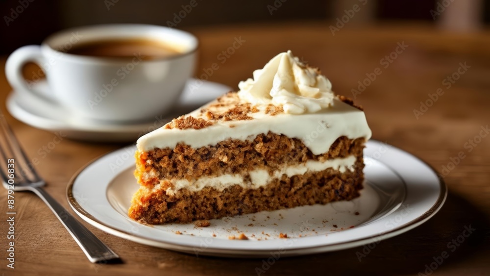 Delicious slice of carrot cake with cream cheese frosting served on a white plate with a cup of coffee Delicious slice of carrot cake with cream cheese frosting served on a white plate with a cup of coffee