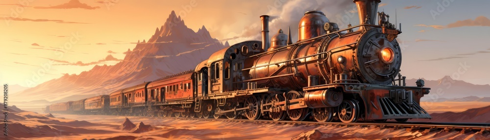 Fototapeta premium Oldfashioned train with a digital holographic schedule display, blending vintage transportation with modern elements, Steampunk, Warm tones, Digital painting