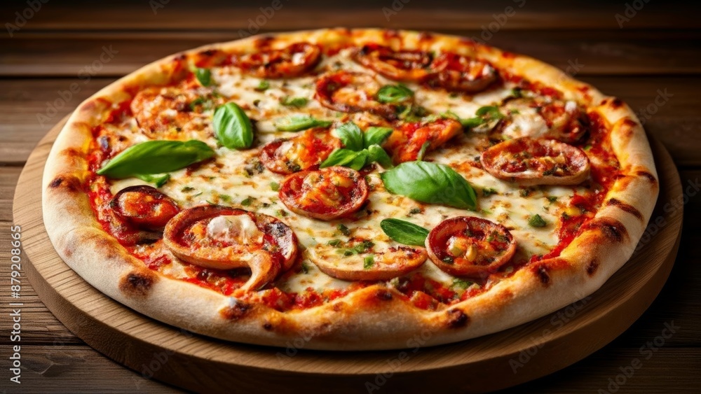 Deliciously baked pizza ready to be savored Deliciously baked pizza ready to be savored