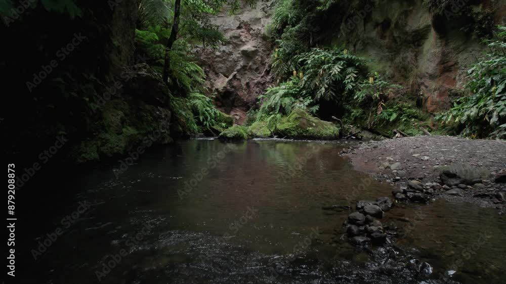 Drone shot of flying above the valley of the ribeira grande river in lombadas, São Miguel Island