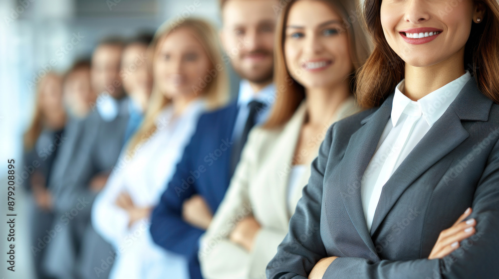 A group of people in suits and ties are standing in a line, with one woman in the middle of the group. The woman is smiling and has her arms crossed, giving the impression of confidence A group of people in suits and ties are standing in a line, with one woman in the middle of the group. The woman is smiling and has her arms crossed, giving the impression of confidence