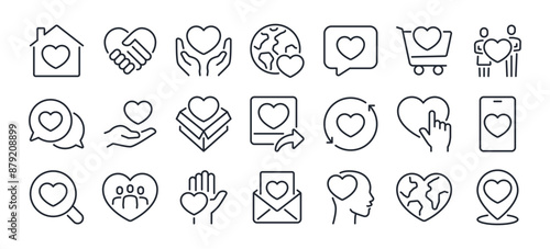 Heart, love, charity related editable stroke outline icons set isolated on white background flat vector illustration. Pixel perfect. 64 x 64.