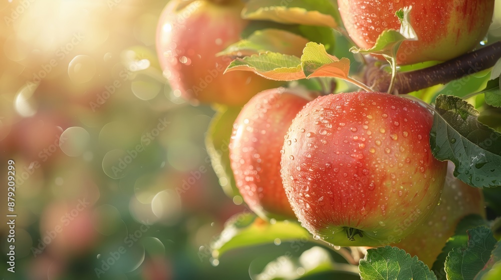 Ripe apples hanging on a tree branch in the morning sunlight, showcasing their rich red and yellow hues with a glossy, smooth texture. The green leaves around them Ripe apples hanging on a tree branch in the morning sunlight, showcasing their rich red and yellow hues with a glossy, smooth texture. The green leaves around them