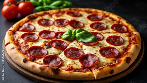  Deliciously baked pepperoni pizza with a touch of fresh basil