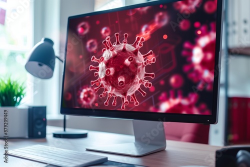 A computer monitor displays a detailed 3D illustration of a virus, highlighting cybersecurity threats. The workspace is modern and well-lit, with a keyboard and desk lamp.