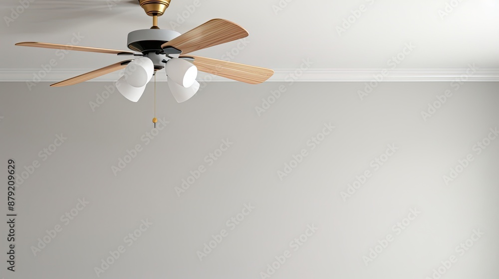 A white ceiling fan with five blades and three lights hangs from a white ceiling. The fan has gold accents around the motor and light fixtures. The lights are covered in white shades A white ceiling fan with five blades and three lights hangs from a white ceiling. The fan has gold accents around the motor and light fixtures. The lights are covered in white shades