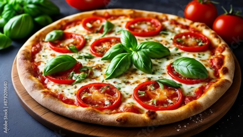  Freshly baked Margherita pizza with basil and cherry tomatoes