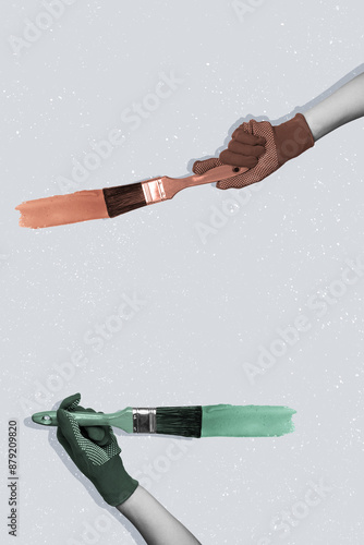 Vertical photo collage of two artist hands green orange paint color draw wall paintbrush tool foreman brigade isolated on painted background photo