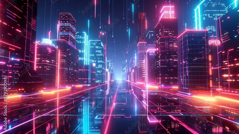 custom made wallpaper toronto digitalNeon cyberpunk cityscape with futuristic buildings and vibrant colors, ideal for sci-fi illustrations, video game backgrounds, and tech advertisements.