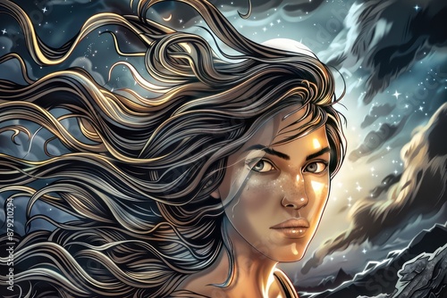 Portrait of a determined young woman with flowing hair against a backdrop of a starry night sky and mountains photo