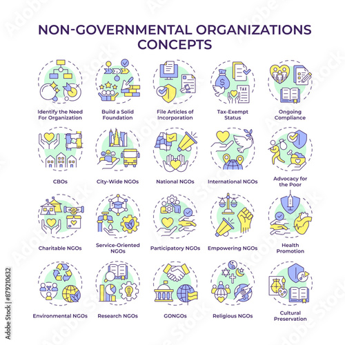 Non-governmental organizations multi color concept icons. Non-profit organization. Charitable services. Community support. Icon pack. Vector images. Round shape illustrations. Abstract idea