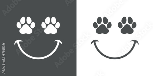 Logo pet friendly. Silueta de emoticono con cara con zarpa de perro o gato como ojos y sonrisa