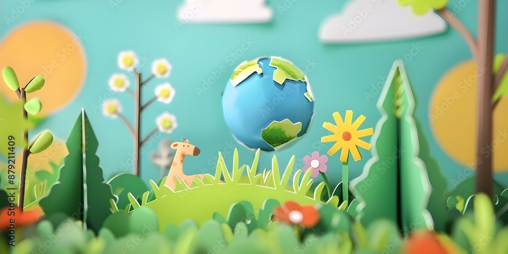 Naklejka premium Vivid Animation and Colorful Visuals in Eco-Friendly Flat Design PPC Ad. Concept Eco-Friendly Design, Vivid Animation, Colorful Visuals, PPC Ad