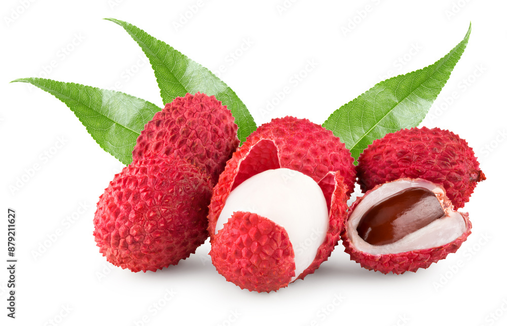 fresh lychee with slices and green leaves isolated on white background. clipping path fresh lychee with slices and green leaves isolated on white background. clipping path