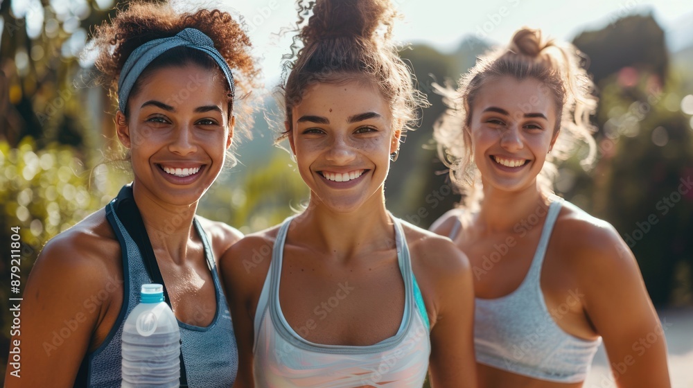 Three Smiling Women Posing Outdoors in Sportswear Three Smiling Women Posing Outdoors in Sportswear