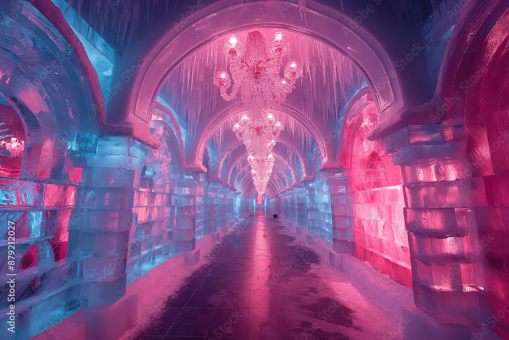 Obraz premium Ice tunnel glowing with pink and blue lights
