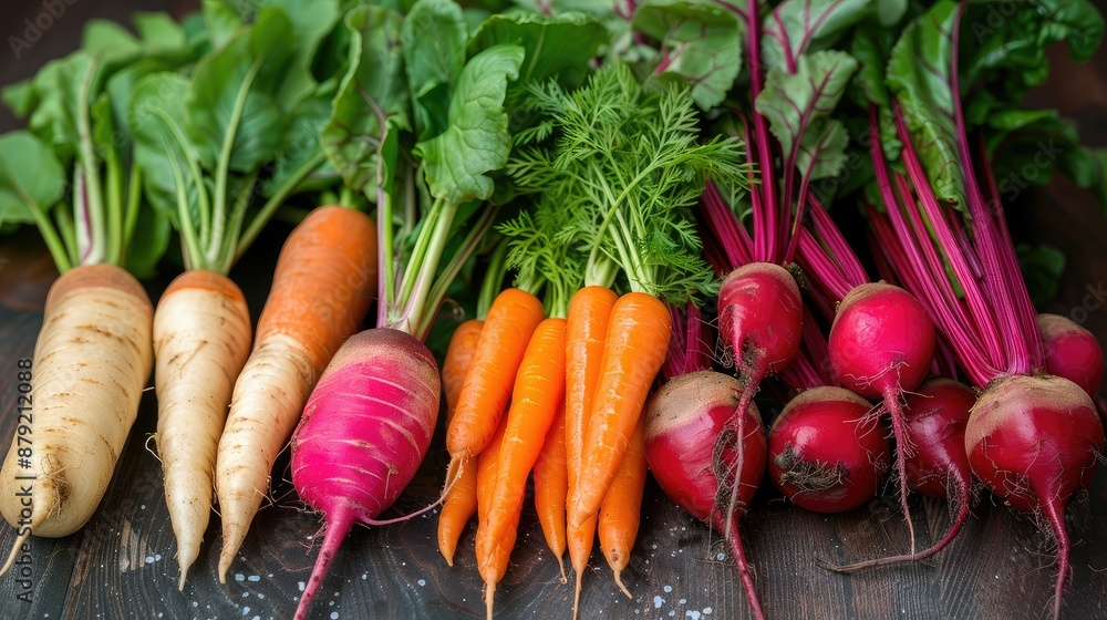 Mixed root vegetables: carrots, beets, and radishes Mixed root vegetables: carrots, beets, and radishes