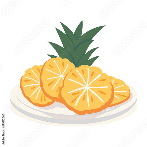 Fresh pineapple slices on a white plate with green leaves.