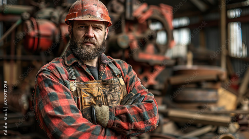 A man with a beard and a hard hat stands in front of a pile of machinery. He is wearing a plaid shirt and a vest A man with a beard and a hard hat stands in front of a pile of machinery. He is wearing a plaid shirt and a vest