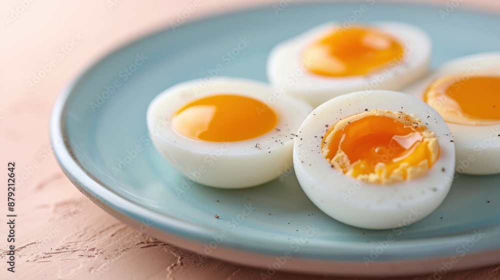 A plate showcasing four beautifully boiled eggs sliced open to reveal their perfectly cooked yolks, presented on a soft textured background, ready for a meal. A plate showcasing four beautifully boiled eggs sliced open to reveal their perfectly cooked yolks, presented on a soft textured background, ready for a meal.