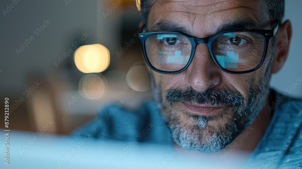 A middle-aged man wearing glasses working late at night, intensely focused on the computer screen, depicting concentration, dedication, and modern work life. A middle-aged man wearing glasses working late at night, intensely focused on the computer screen, depicting concentration, dedication, and modern work life.