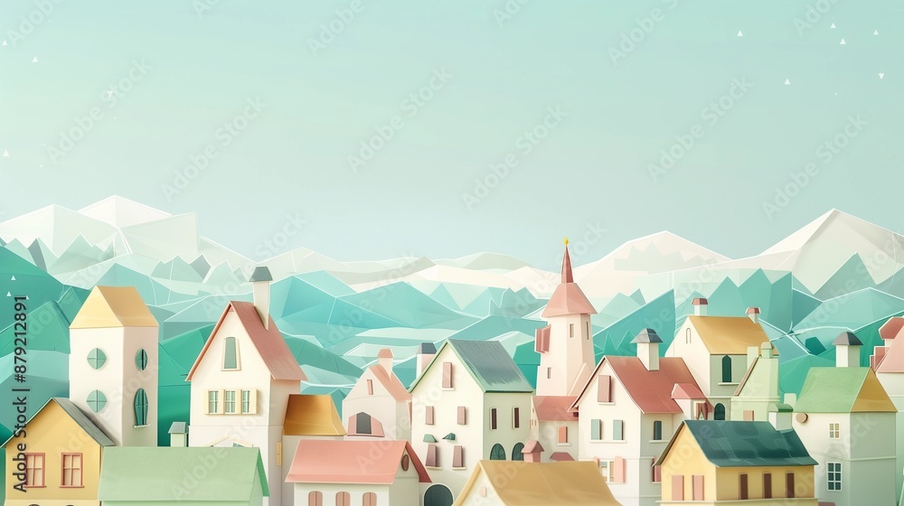 Folded paper village with origami hiuses and streets, town landscape, minimalistic Folded paper village with origami hiuses and streets, town landscape, minimalistic