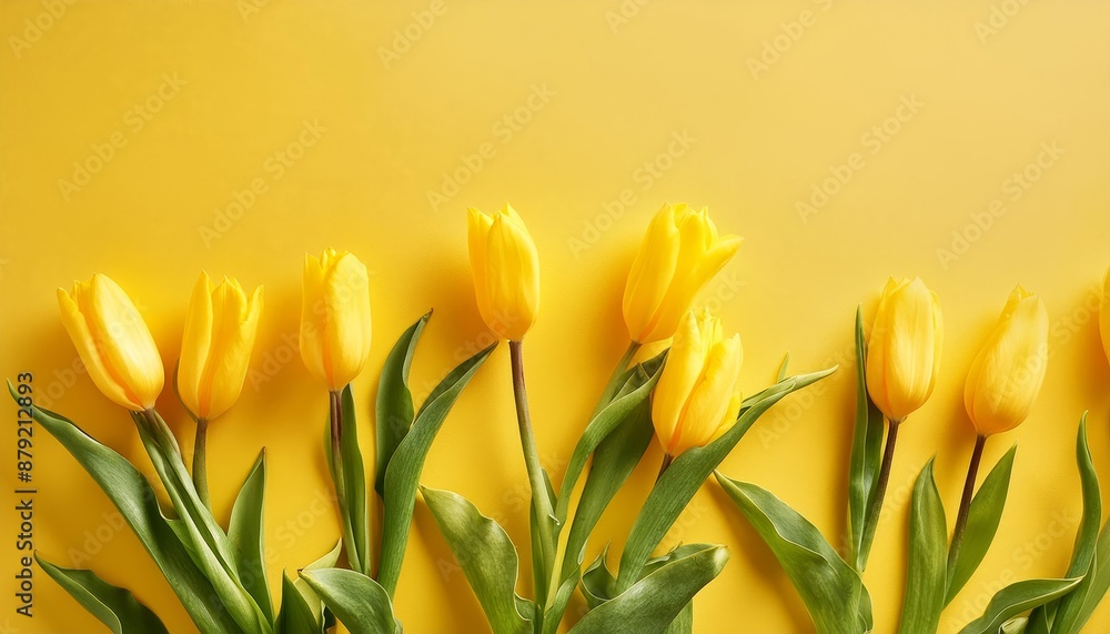 Yellow Tulips on Yellow Background - Beautiful Flowers for Spring - Colored Tullips - Background for Mother's Day, Woman's Day, Valentine's Day or Birthday - Space for Copy or Text Yellow Tulips on Yellow Background - Beautiful Flowers for Spring - Colored Tullips - Background for Mother's Day, Woman's Day, Valentine's Day or Birthday - Space for Copy or Text