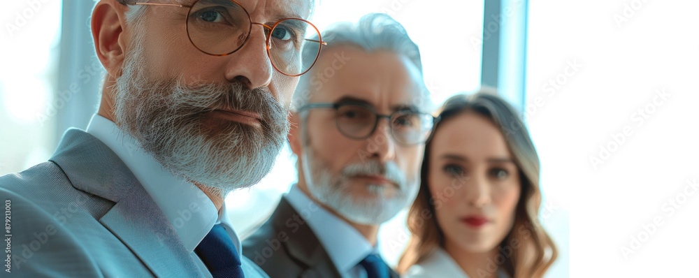 Fototapeta premium Three men and a woman are standing together in a business setting. The man on the left is wearing glasses and a suit, while the other two men are also wearing suits