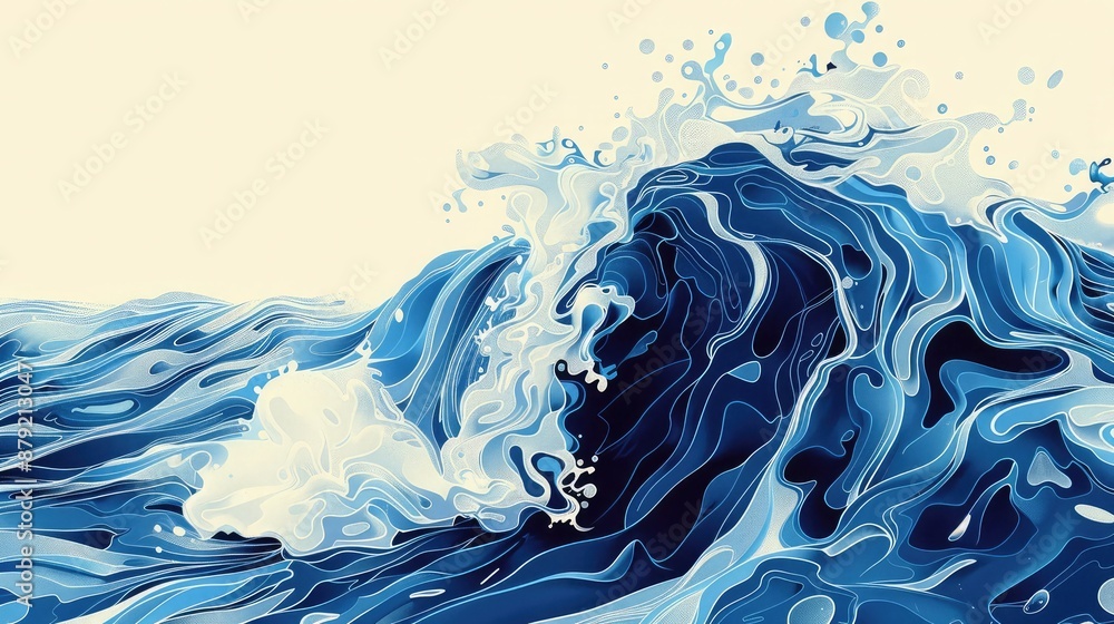 A stylized of a breaking ocean wave, rendered in a bold, graphic style with vibrant blue and white colors, graphic design, ocean wave,blue, white, abstract, art, nature, water, sea A stylized of a breaking ocean wave, rendered in a bold, graphic style with vibrant blue and white colors, graphic design, ocean wave,blue, white, abstract, art, nature, water, sea