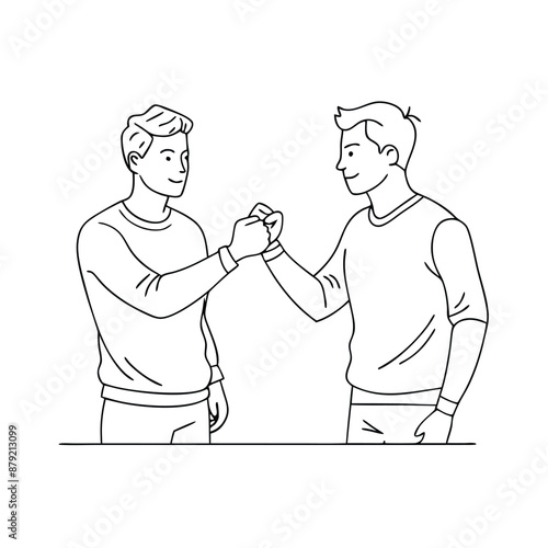 two guys doing a fist bump. line art vector illustration 