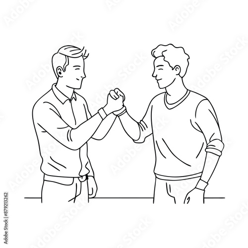 two guys doing a fist bump. line art vector illustration 