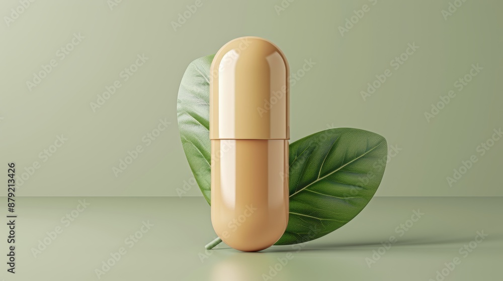 minimal light brown pill capsule with a green leaf on a green background minimal light brown pill capsule with a green leaf on a green background