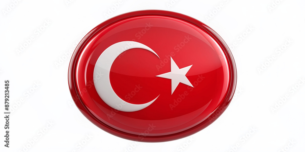 Vibrant 3D glossy circle flag of Turkey, featuring a white crescent moon and five-pointed star on a bright red background, isolated on a white surface. Vibrant 3D glossy circle flag of Turkey, featuring a white crescent moon and five-pointed star on a bright red background, isolated on a white surface.