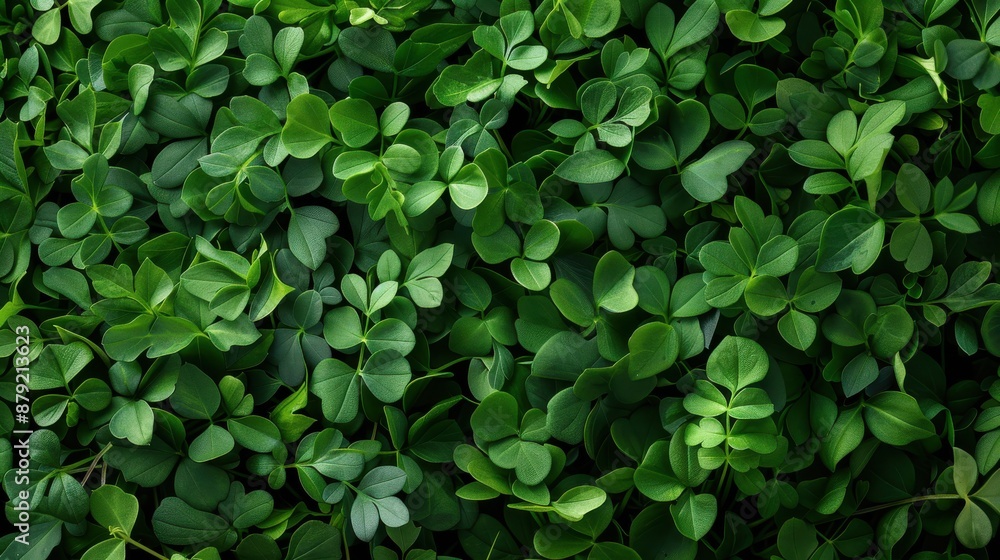 A dense and lush cluster of green clover leaves covering the ground, creating a rich and verdant blanket that signifies luck and natural beauty in a serene environment. A dense and lush cluster of green clover leaves covering the ground, creating a rich and verdant blanket that signifies luck and natural beauty in a serene environment.