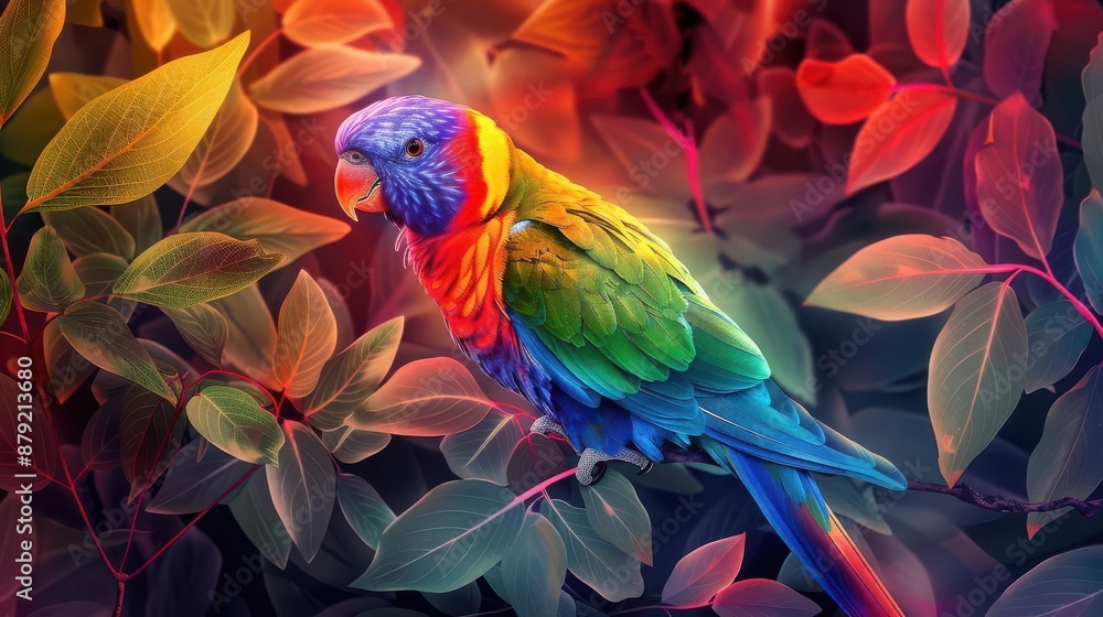 Obraz premium Rainbow parrot sitting on leafy branches, digital art, high detail, dynamic composition, vibrant background