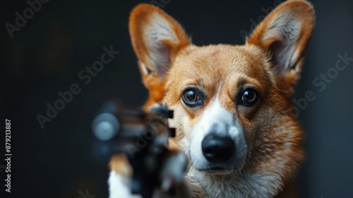 A very serious corgi dog pointing a gun at the camera, themes of funny and humorous memes, copy space.