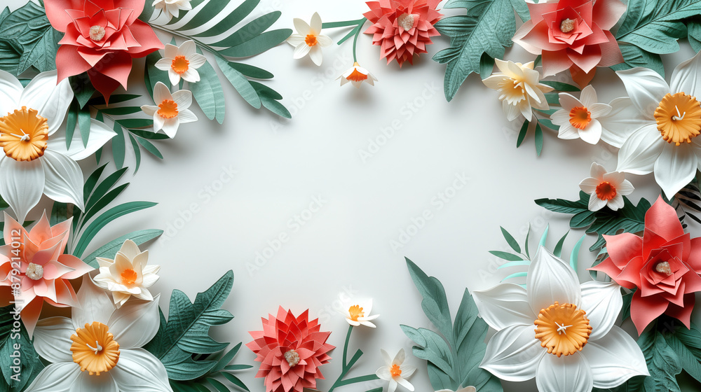 Fototapeta premium 3d Realistic paper cutout Christmas banner with copyspace with frame of illustrations holly, pine branches, mistletoe, poinsettia